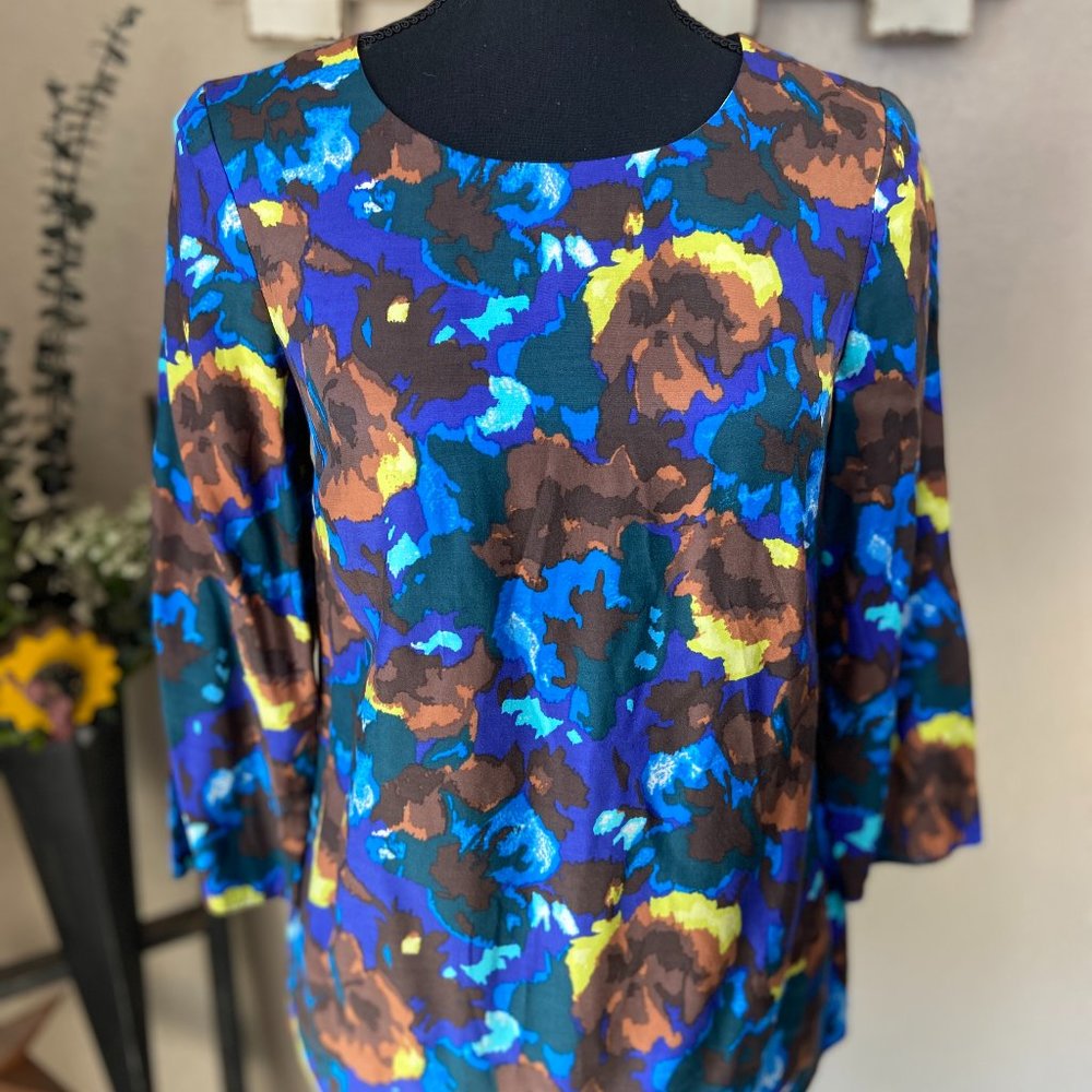Boden Eliza Blue & Gold Silk Blend Floral Blouse Back Zip Size 2